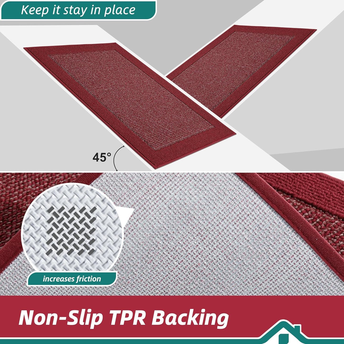 BEQHAUSE Kitchen Rugs and Mats Set of 2 Non-Slip Kitchen Mats for Floor, Absorbent and Stain Resistant Kitchen Runner, Machine Washable Rugs for Kitchen, Laundry & Sink, 20"x32"+20"x48", Red