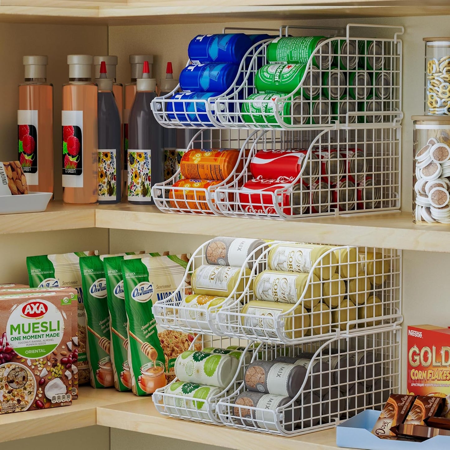 Can Storage Organizer Pantry, Stackable Kitchen Canned Food Holder With Handles, Can Organizer For Pantry Countertop Cabinet, Beverage Drink Pop Soda Can Dispenser Patent Pending (White, 4 Pack)