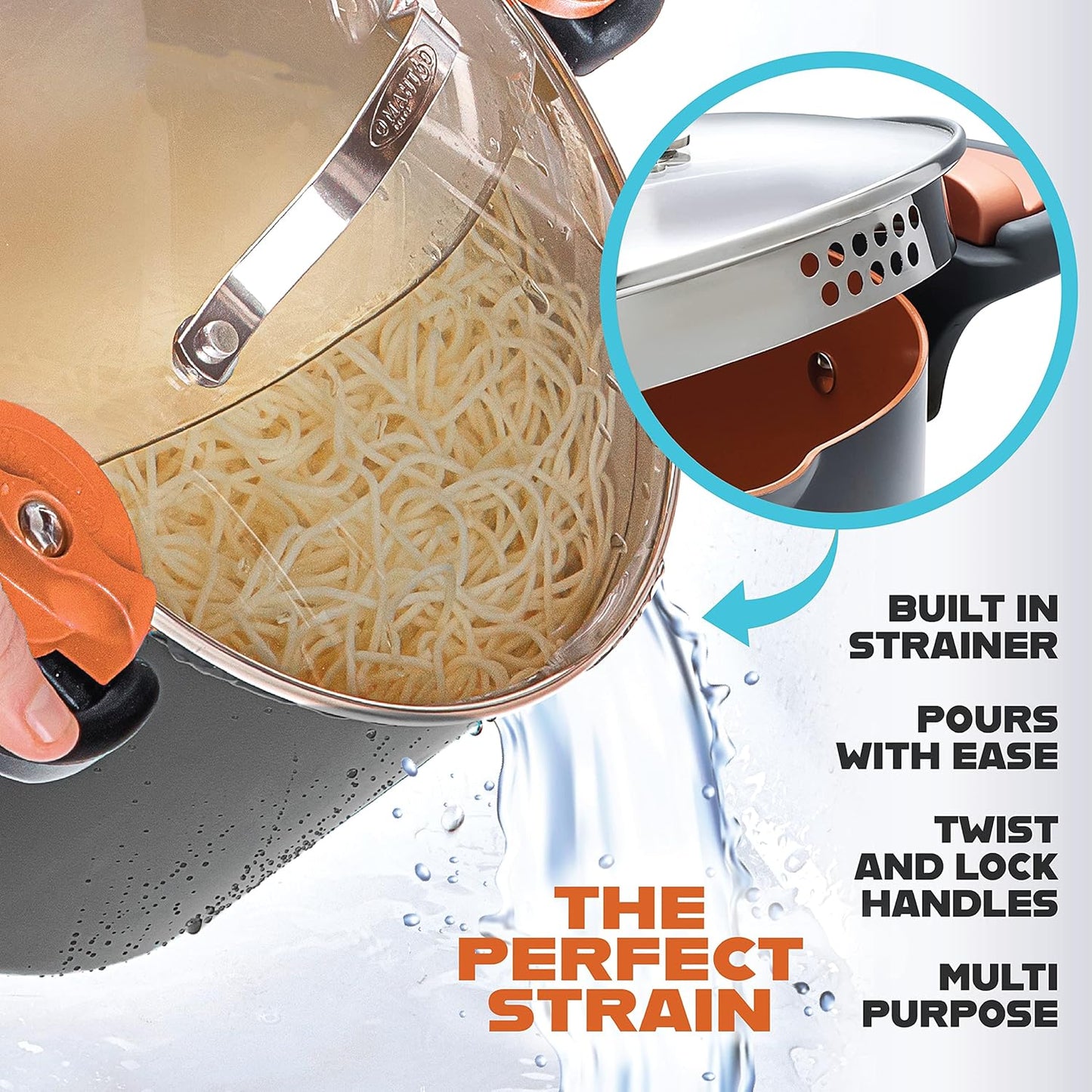 GOTHAM STEEL 5 Qt Ceramic Stock Pot Multipurpose Pasta Pot with Strainer Lid & Twist and Lock Handles, Nonstick Ceramic for Soup, Spaghetti, Rice, Pots for Kitchen, Dishwasher Safe - Copper