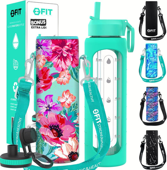FIT Strong & Healthy 32 oz Glass Water Bottle with Straw Lid, Time Marker, Sleeve & Extra Lid - Motivational, Wide Mouth 1 Liter Glass Drinking Bottle