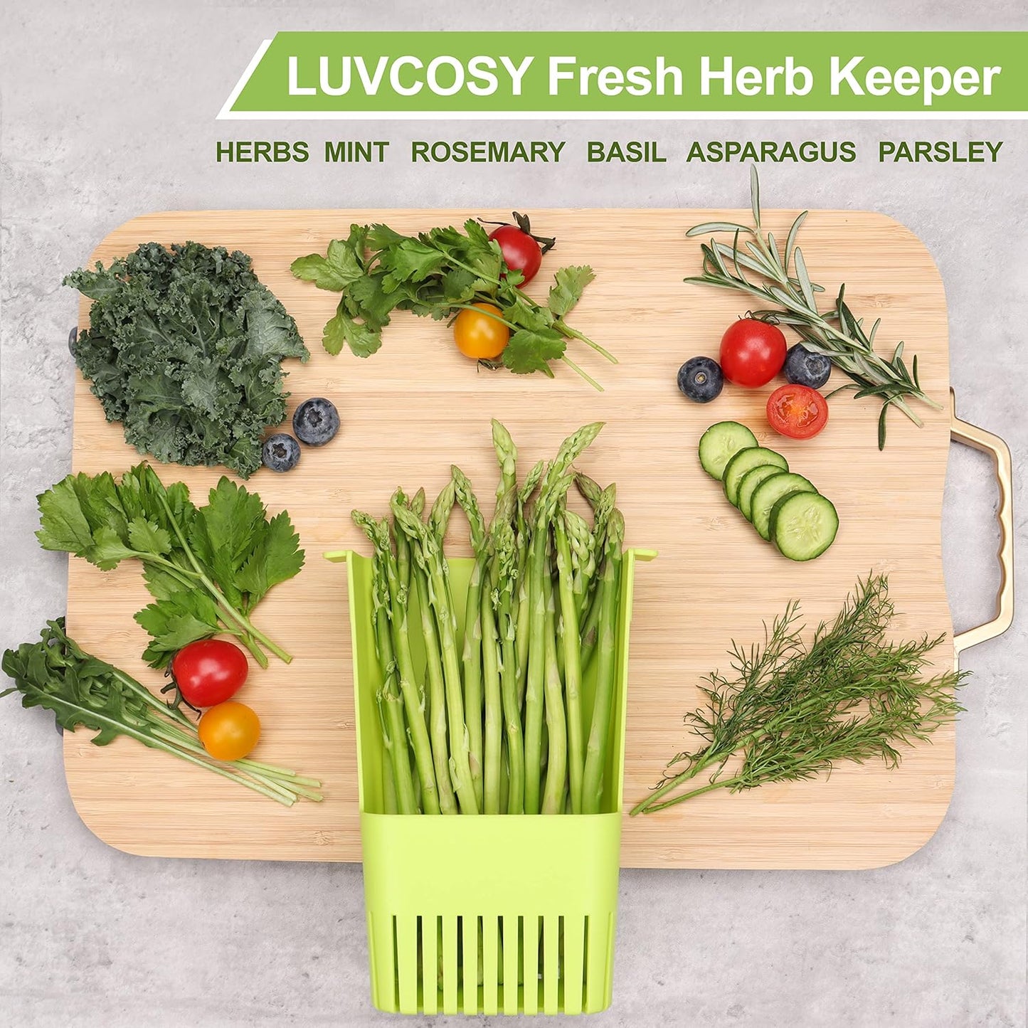 Fresh Herb Keeper for Refrigerator, Clear BPA-Free Herb Saver, Storage Container for Cilantro, Parsley, Thyme, Mint & Asparagus, Preserver Keeps Fresh Herbs for 3 Times Longer, Green & Orange
