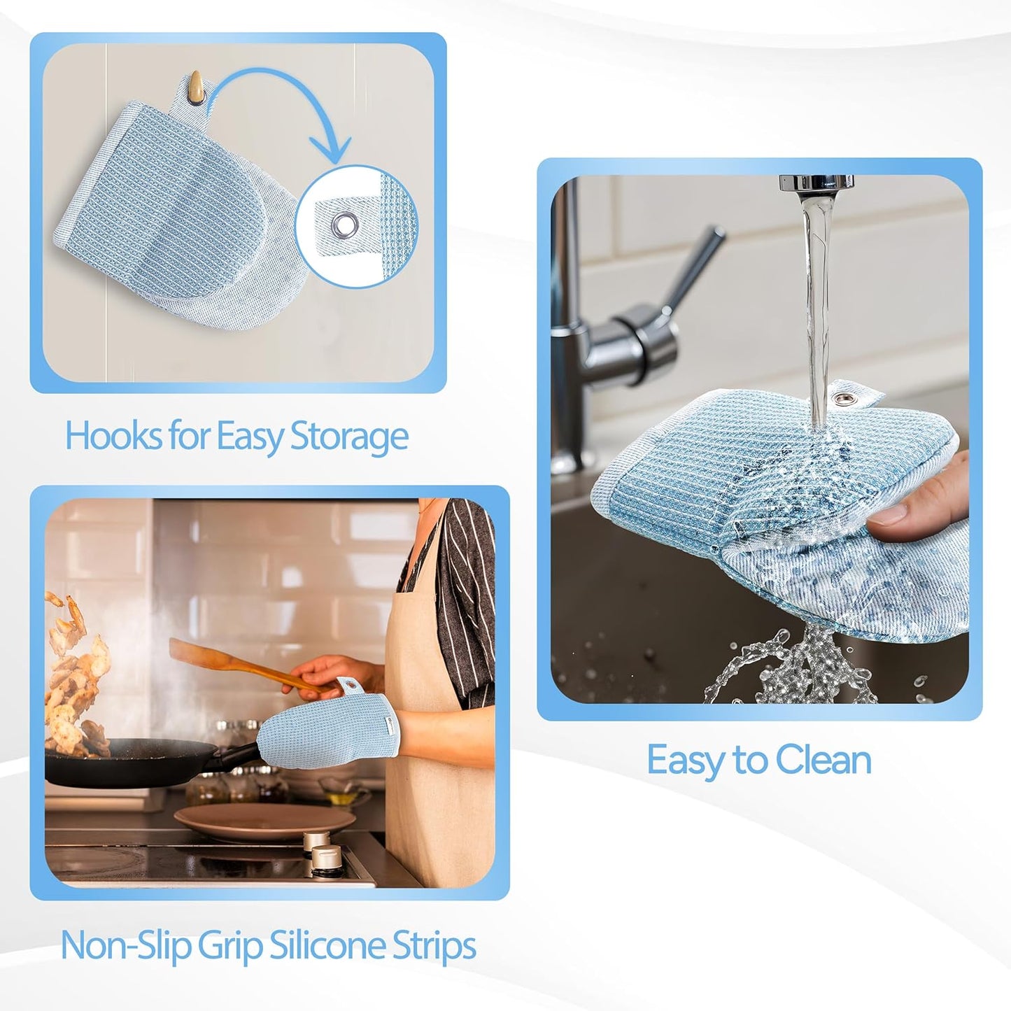 Casa Platino BBQ Gloves & Potholders Set, 4Pc Kitchen Mitts for Oven & Baking, Pot Holder for Hot Pots & Dishes – Heat Resistant Up to 500°F, Non-Slip & Machine Washable – Cornflower