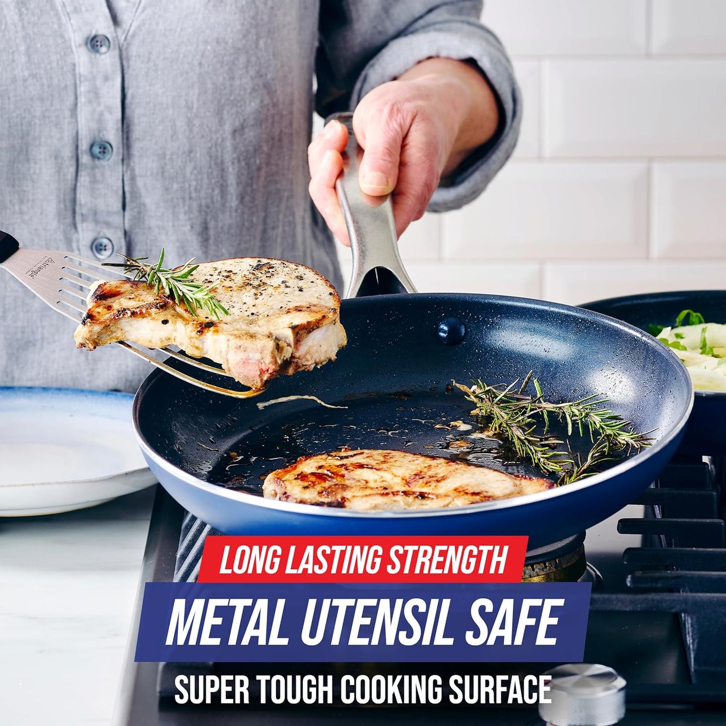 Blue Diamond 12" Nonstick Frying Pan with Lid, Diamond Infused PFAS & PTFE-Free Ceramic Skillet, Dishwasher & Oven Safe, Stay Cool Handle, Durable Non Toxic Metal Utensil Safe, Glass Lid, Blue