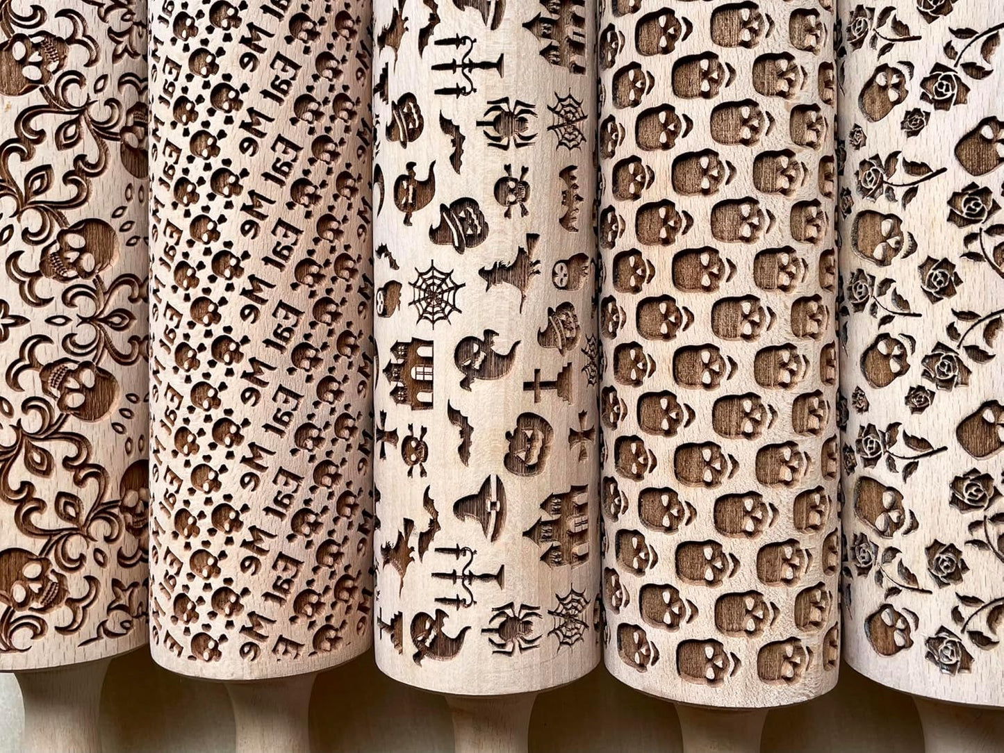 HALLOWEEN 3 Mini Embossed Rolling Pin Set. Wooden Laser Engraved Textured rolling pins for Cookies, Modeline, Ceramic with Skulls, Bats, Halloween by Algis Crafts