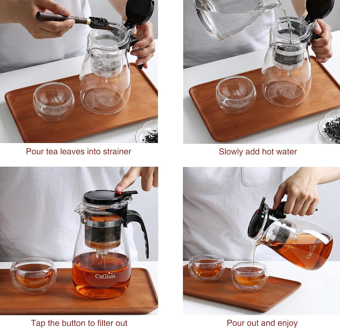 CNGLASS Glass Teapot with Removable Infuser,25oz Clear Tea Kettle with One Button Press to Filter the Tea Soup,Loose Leaf and Blooming Tea Maker