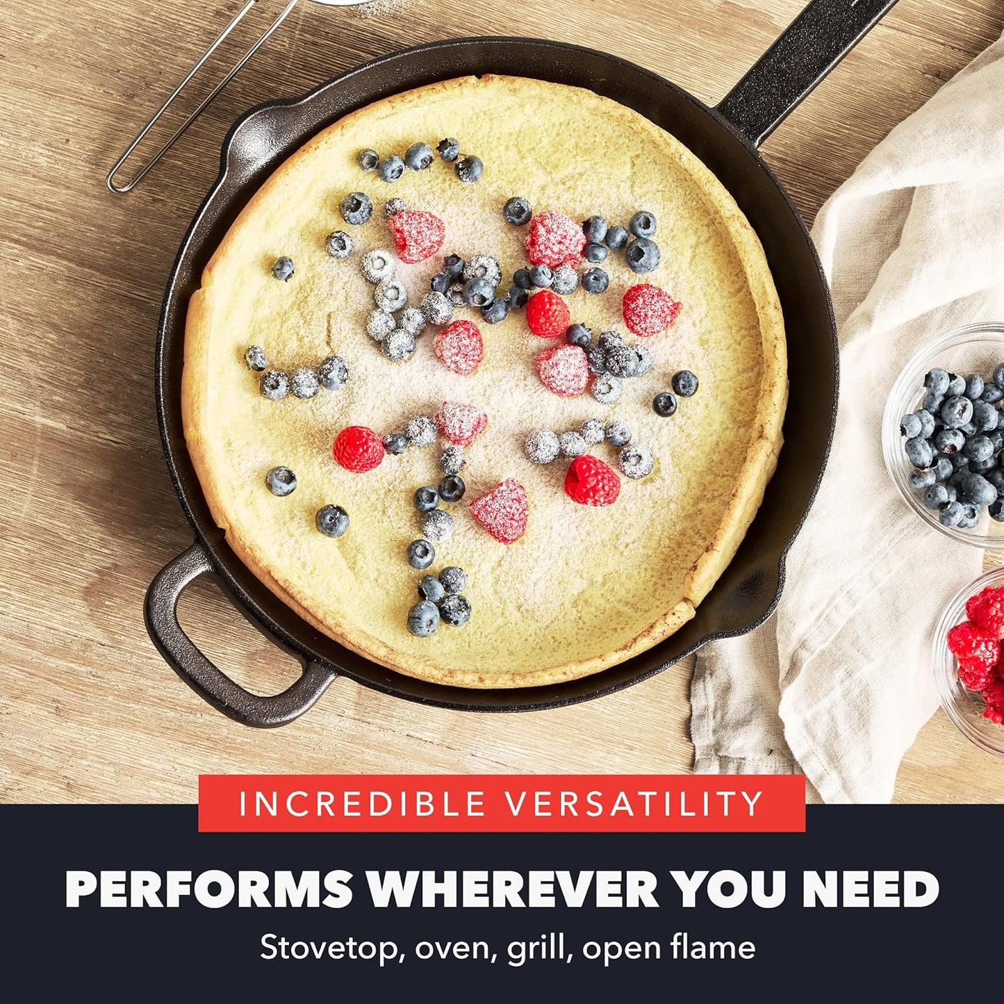 GreenPan x Bobby Flay 12” Cast Iron Pre-Seasoned Skillet with Helper Handle, Professional Grade Heavy Duty, Induction, Pour Spouts, Versatile Stovetop, Oven, BBQ Grill Fire, Indoor/Outdoor Use, Black