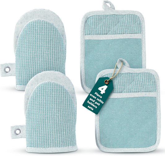 Casa Platino Silicone Oven Mitts & Pot Holders, 4-Piece – Oven Mitt for Baking & BBQ, Pot Holders for Kitchen, Hot Dishes & Microwave – Heat Resistant Up to 500°F, Non-Slip & Machine Washable – Aqua