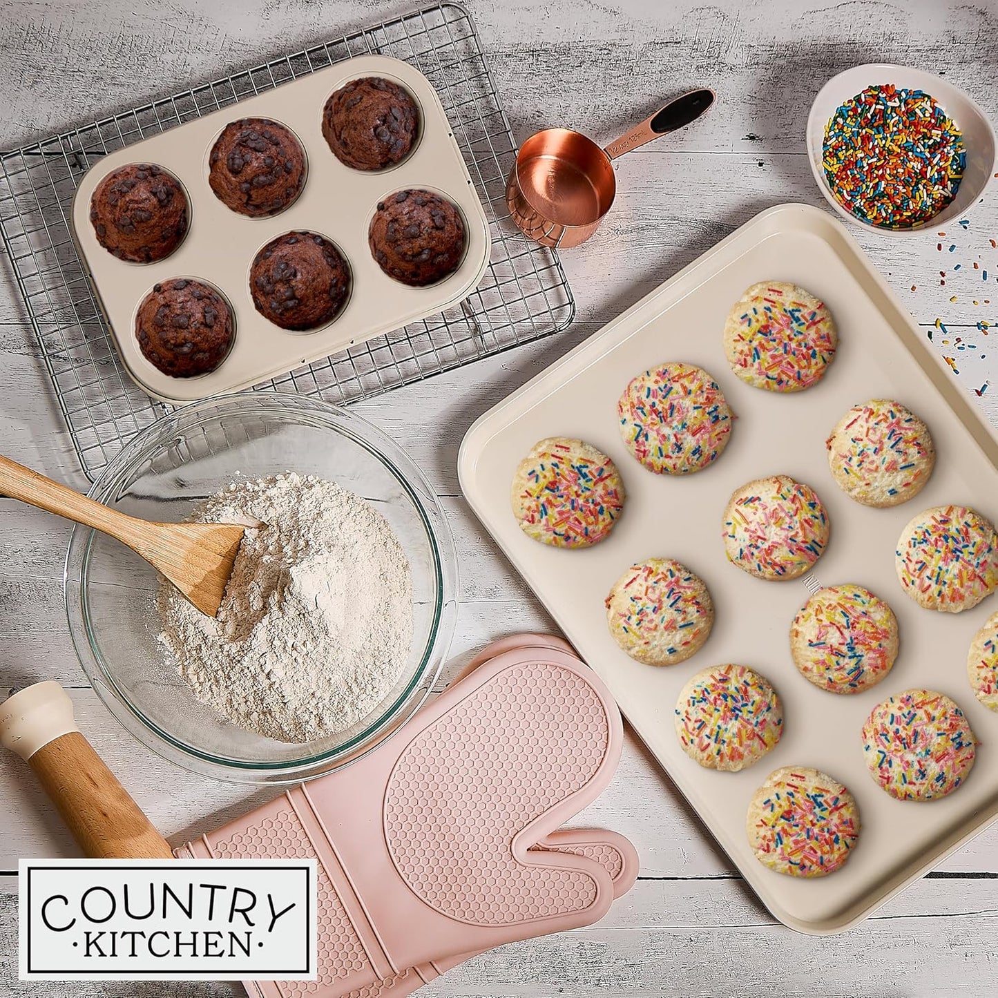 Country Kitchen Nonstick Stackable Bakeware Set - Deluxe Heavy Duty, Durable, Easy Release Baking Set, Pink, 13 Pcs with Handles