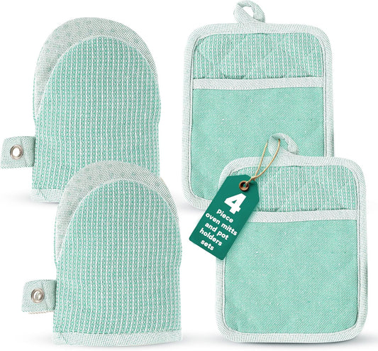 Casa Platino Heat Resistant Oven Mitts & Pot Holders, 4-Piece – Oven Mitt for Baking & BBQ, Potholders for Kitchens – Withstands Heat Up to 500°F, Soft, Durable & Non-Slip – Sage